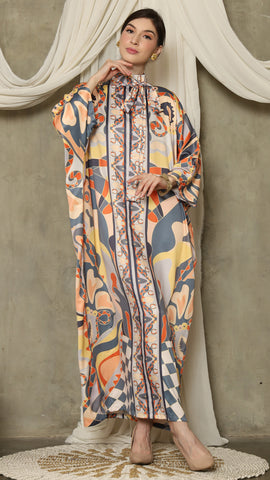 Grey Abstract High Collar Long Kaftan