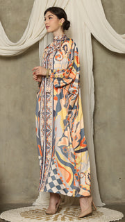 Grey Abstract High Collar Long Kaftan