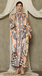 Grey Abstract High Collar Long Kaftan