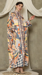 Grey Abstract High Collar Long Kaftan