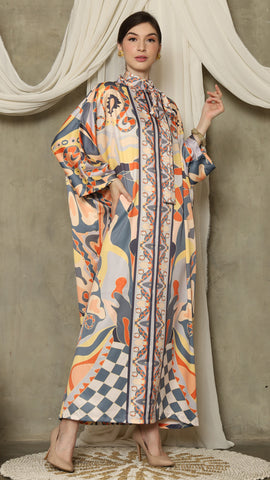 Grey Abstract High Collar Long Kaftan