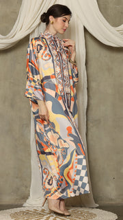 Grey Abstract High Collar Long Kaftan