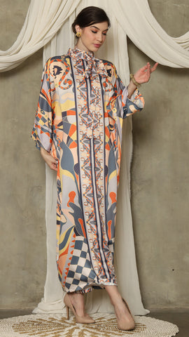 Grey Abstract High Collar Long Kaftan