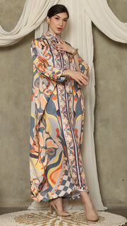 Grey Abstract High Collar Long Kaftan