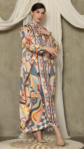 Grey Abstract High Collar Long Kaftan