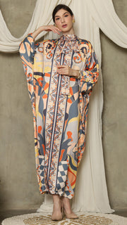 Grey Abstract High Collar Long Kaftan