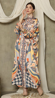 Grey Abstract High Collar Long Kaftan