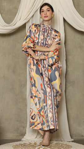 Grey Abstract High Collar Long Kaftan