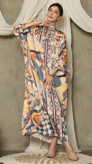 Grey Abstract High Collar Long Kaftan