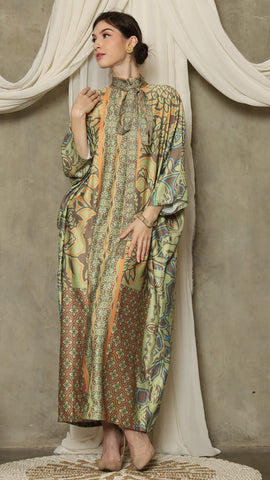 Green Orange Flower High Collar Long Kaftan