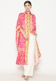 Pink Flower Kanzi 3/4 Sleeve Traditional Collared Kaftan