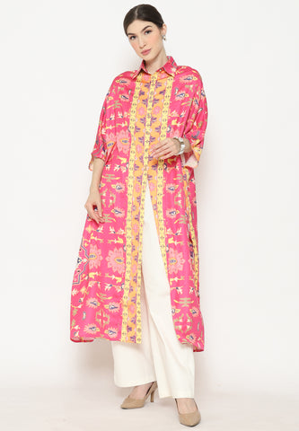 Pink Flower Kanzi 3/4 Sleeve Traditional Collared Kaftan