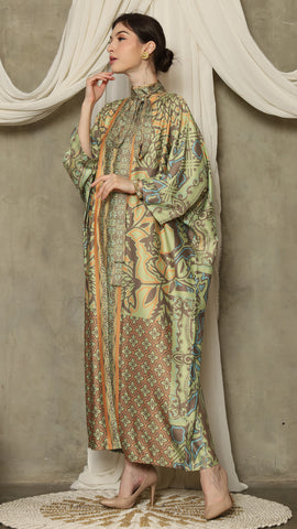 Green Orange Flower High Collar Long Kaftan