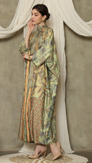 Green Orange Flower High Collar Long Kaftan