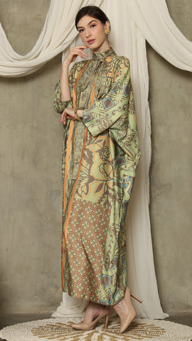 Green Orange Flower High Collar Long Kaftan