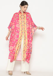 Pink Flower Kanzi 3/4 Sleeve Traditional Collared Kaftan