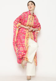 Pink Flower Kanzi 3/4 Sleeve Traditional Collared Kaftan