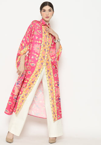 Pink Flower Kanzi 3/4 Sleeve Traditional Collared Kaftan