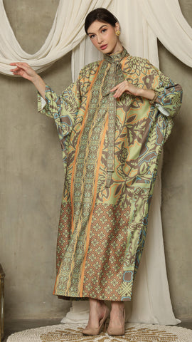 Green Orange Flower High Collar Long Kaftan