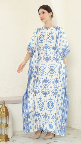 Blue White Songket Short Sleeve Kaftan