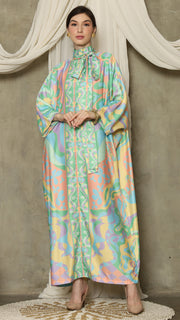 Green  Abstract High Collar Long Kaftan