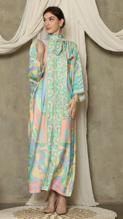 Green  Abstract High Collar Long Kaftan