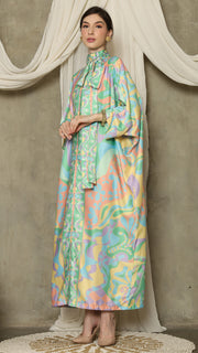 Green  Abstract High Collar Long Kaftan