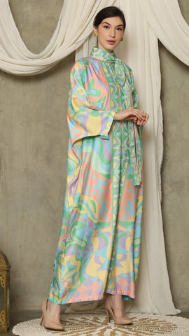 Green  Abstract High Collar Long Kaftan