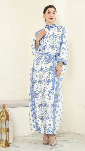 Blue White Songket Long Sleeve Kaftan