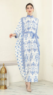 Blue White Songket Long Sleeve Kaftan