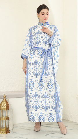 Blue White Songket Long Sleeve Kaftan