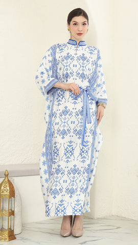 Blue White Songket Long Sleeve Kaftan