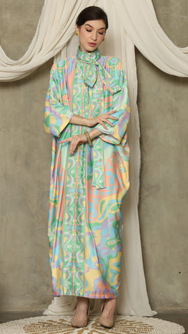 Green  Abstract High Collar Long Kaftan