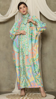 Green  Abstract High Collar Long Kaftan