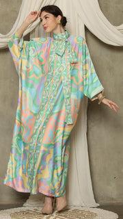 Green  Abstract High Collar Long Kaftan