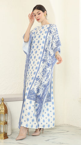 Blue White Songket Short Sleeve Kaftan