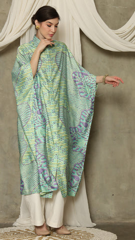 Green Purple Abstract Batik Button Kaftan