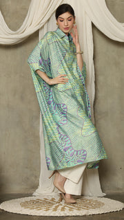 Green Purple Abstract Batik Button Kaftan