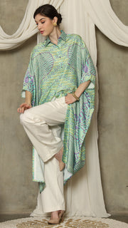 Green Purple Abstract Batik Button Kaftan