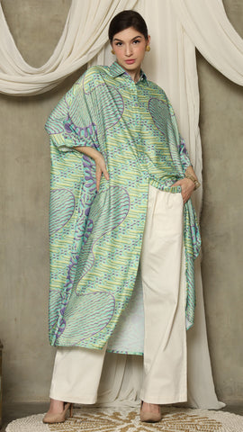 Green Purple Abstract Batik Button Kaftan