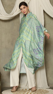 Green Purple Abstract Batik Button Kaftan