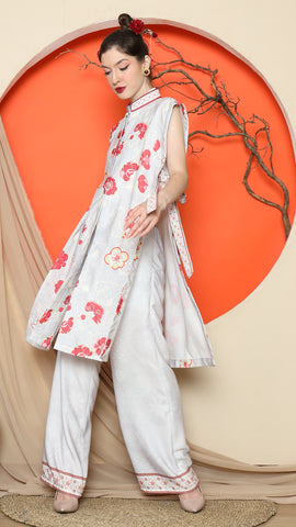 GREY VEST KIMONO JACQUARD FLORAL PANT SET