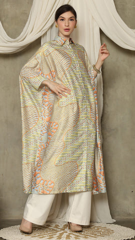 Yellow Orange Abstract Batik Button Kaftan