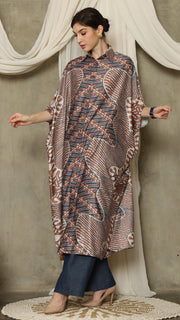 Brown Blue Abstract Batik Button Kaftan