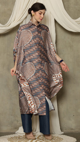 Brown Blue Abstract Batik Button Kaftan