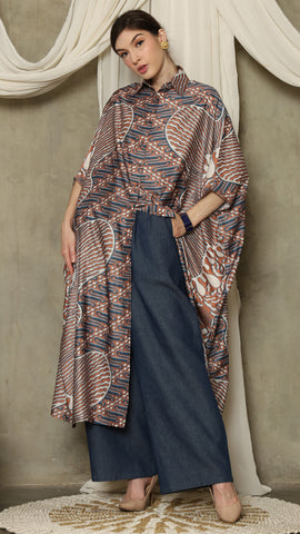 Brown Blue Abstract Batik Button Kaftan