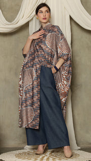 Brown Blue Abstract Batik Button Kaftan