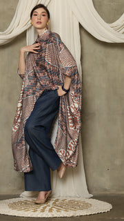 Brown Blue Abstract Batik Button Kaftan