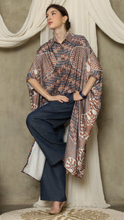 Brown Blue Abstract Batik Button Kaftan