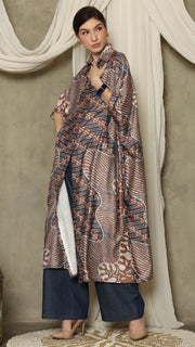 Brown Blue Abstract Batik Button Kaftan